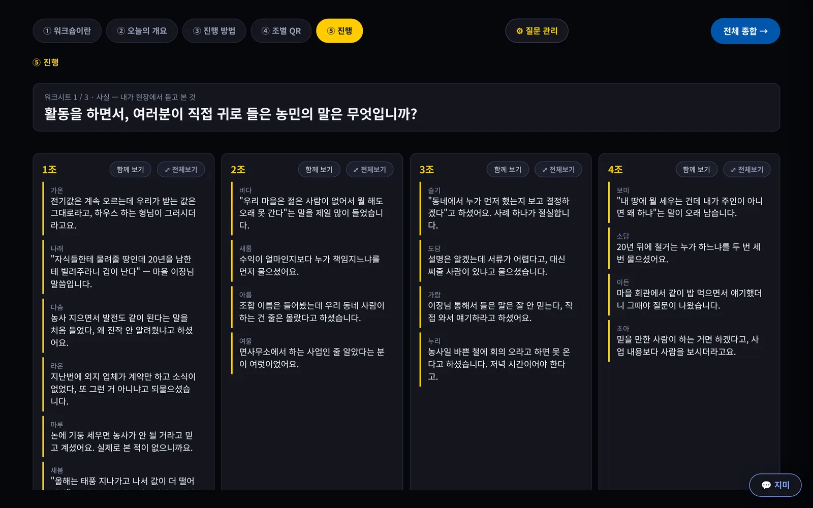 탭 다섯째 진행. 1조 카드에는 의견이 이름과 함께 펼쳐져 있고 나머지 조 카드에는 몇 명 입력 중이라고만 적혀 있다.